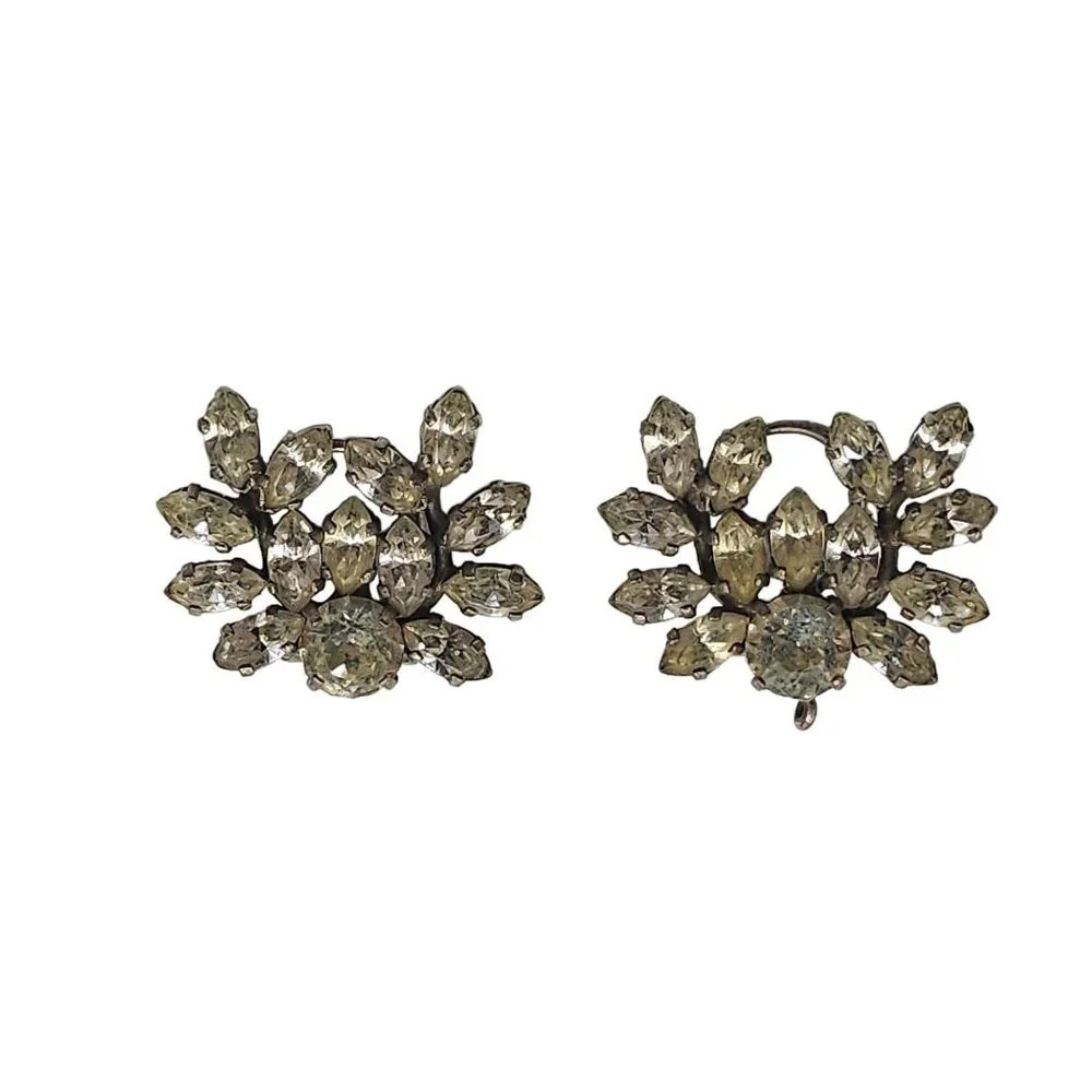 Antique Clear Rhinestone Clip-On Earrings Floral Cluster Design